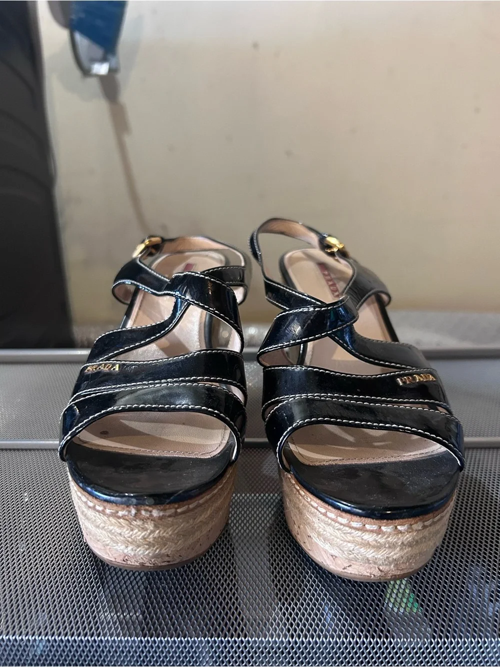 Prada Black Patent Leather Crisscross Platform Sandals